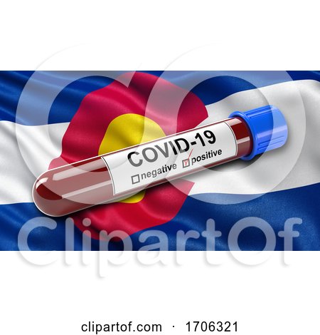 US State Flag of Colorado Waving in the Wind with a Positive Covid 19 Blood Test Tube by stockillustrations