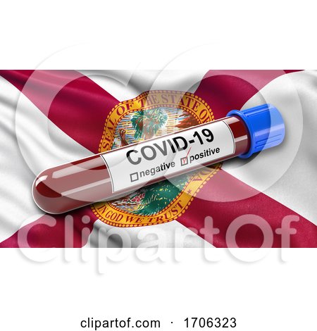 US State Flag of Florida Waving in the Wind with a Positive Covid 19 Blood Test Tube by stockillustrations