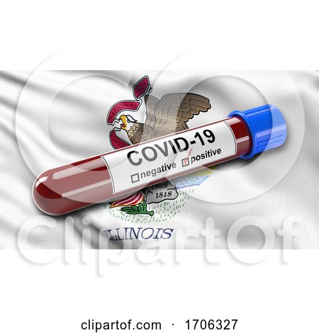 US State Flag of Illinois Waving in the Wind with a Positive Covid 19 Blood Test Tube by stockillustrations