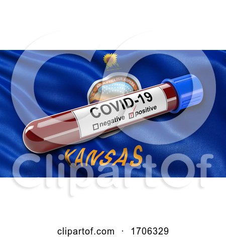US State Flag of Kansas Waving in the Wind with a Positive Covid 19 Blood Test Tube by stockillustrations