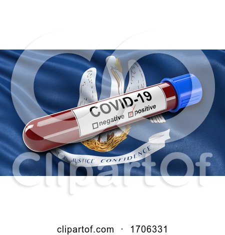 US State Flag of Louisiana Waving in the Wind with a Positive Covid 19 Blood Test Tube by stockillustrations