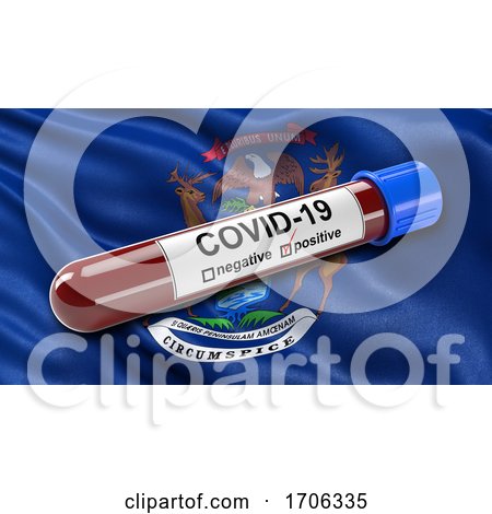 US State Flag of Michigan Waving in the Wind with a Positive Covid 19 Blood Test Tube by stockillustrations