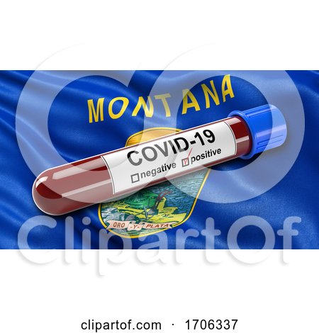 US State Flag of Montana Waving in the Wind with a Positive Covid 19 Blood Test Tube by stockillustrations