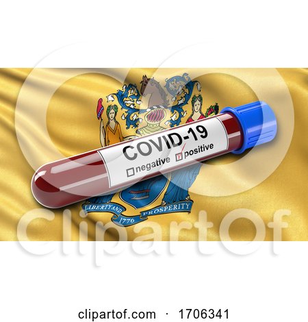 US State Flag of New Jersey Waving in the Wind with a Positive Covid 19 Blood Test Tube by stockillustrations