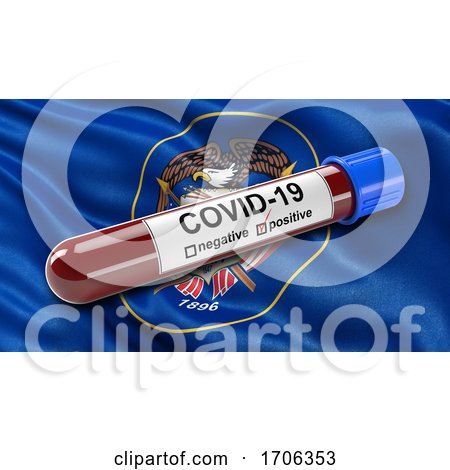 US State Flag of Utah Waving in the Wind with a Positive Covid 19 Blood Test Tube by stockillustrations