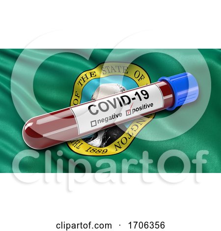US State Flag of Washington Waving in the Wind with a Positive Covid 19 Blood Test Tube by stockillustrations