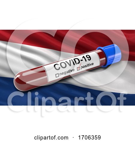 Flag of the Netherlands Waving in the Wind with a Positive Covid 19 Blood Test Tube by stockillustrations
