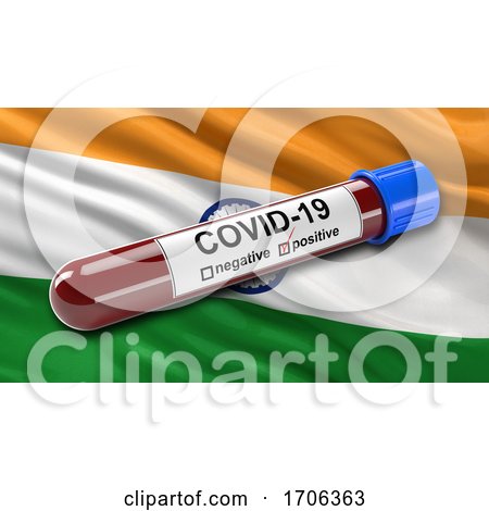 Flag of India Waving in the Wind with a Positive Covid 19 Blood Test Tube by stockillustrations