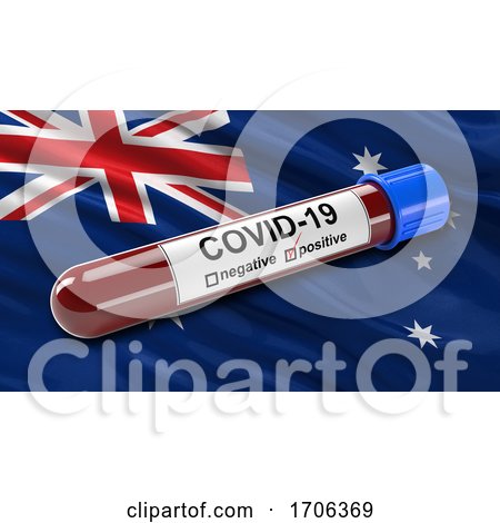 Flag of Australia Waving in the Wind with a Positive Covid 19 Blood Test Tube by stockillustrations