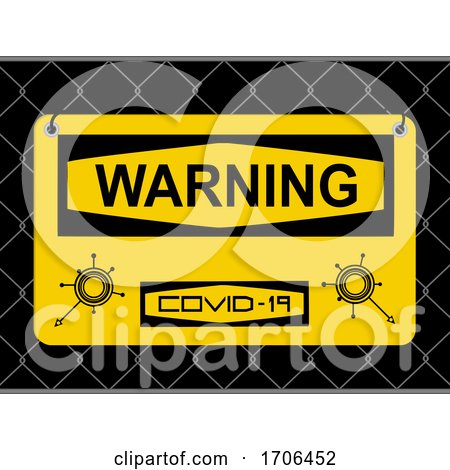 Warning Covid-19 Yellow Sign with Logos on Metallic Fence Net by elaineitalia