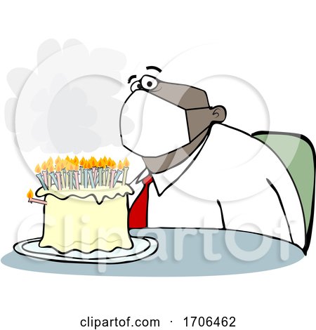 Cartoon Black Businessman Wearing a Face Mask and Sitting in Front of His Birthday Cake by djart