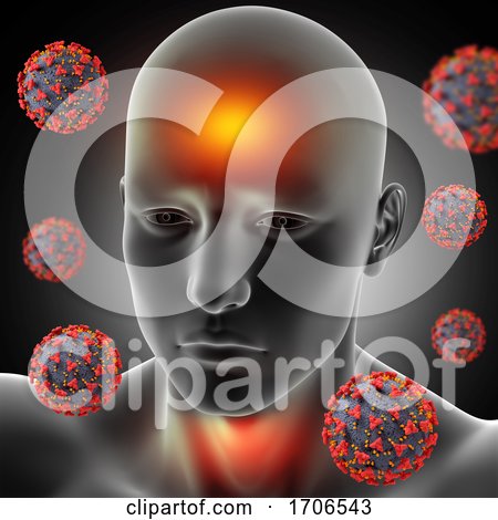 3D Male Medical Figure with Fever, Sore Throat and Covid 19 Virus Cells by KJ Pargeter