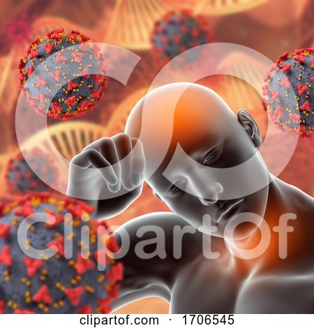 3D Medical Background with Covid 19 Virus Cells and Male Figure with Fever and Sore Throat by KJ Pargeter