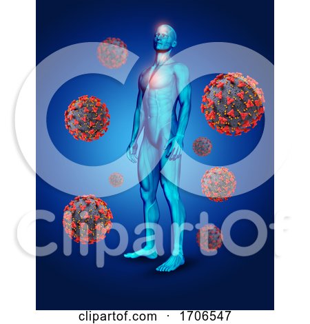 3D Medical Background with Male Figure and Covid 19 Virus Cells by KJ Pargeter