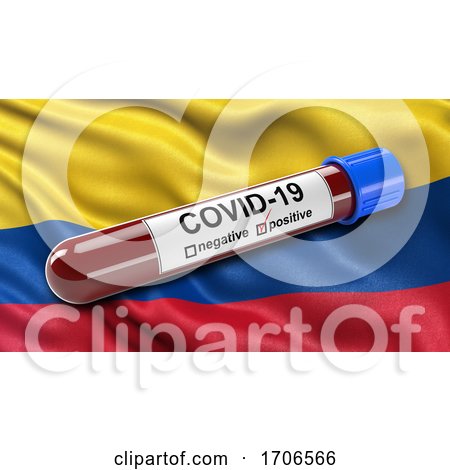 Flag of Colombia Waving in the Wind with a Positive Covid 19 Blood Test Tube by stockillustrations