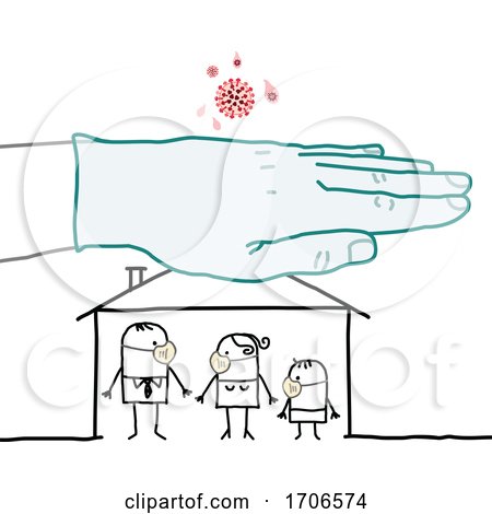 Stick Family Wearing Covid Face Masks and a Gloved Hand over Their House Protecting Them from the Virus by NL shop