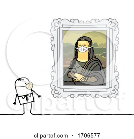 Stick Man Wearing a Covid Face Mask and Looking at Mona Lisa Wearing One Too by NL shop