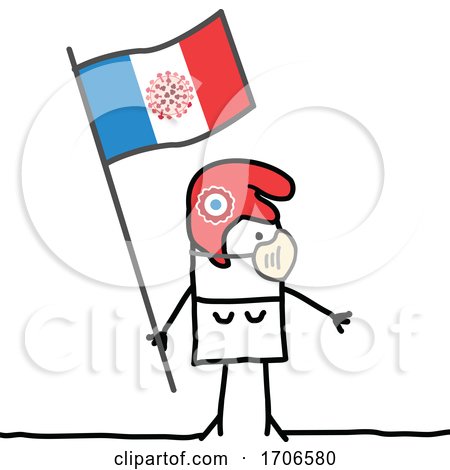 Stick Woman Wearing a Covid Face Mask and Holding a French Flag by NL shop