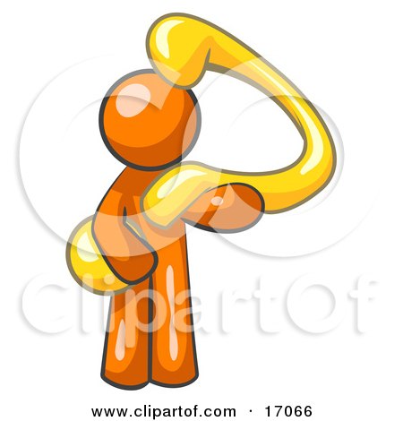 Orange Man Carrying A Large Yellow Question Mark Over His Shoulder, Symbolizing Curiousity, Uncertainty Or Confusion Clipart Illustration by Leo Blanchette