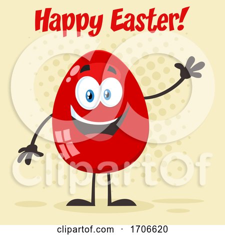 Red Egg Mascot Waving Under Happy Easter Text by Hit Toon