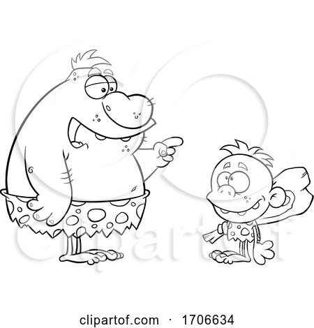 Cartoon Black and White Caveman Dad Teaching His Son About Clubs by Hit Toon