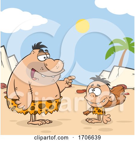 Cartoon Caveman Dad Teaching His Son About Clubs by Hit Toon