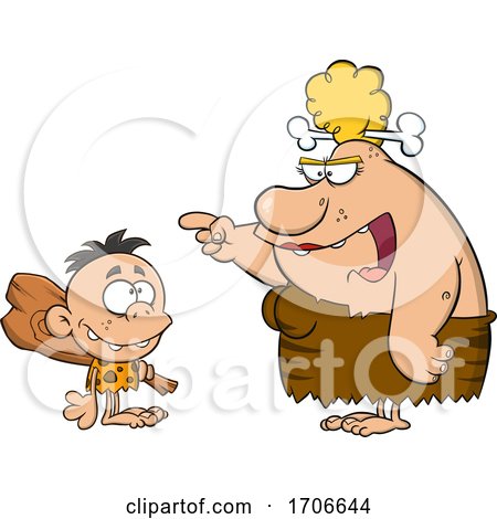 Cartoon Cave Woman Teaching Her Son About a Club by Hit Toon