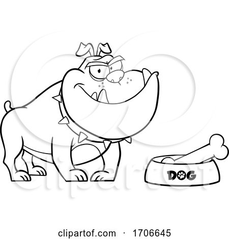 Cartoon Black and White Bulldog by a Dish with a Bone by Hit Toon