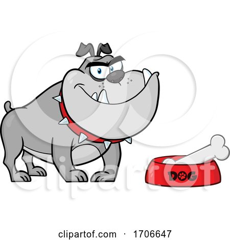 Cartoon Gray Bulldog by a Dish with a Bone by Hit Toon