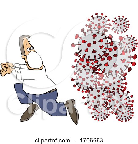 Cartoon Man Wearing a Mask and Running from Viruses by djart