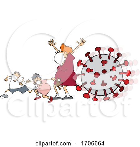 Cartoon Mother and Children Wearing a Mask and Running from Viruses by djart