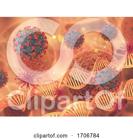 3D Medical Background with Covid 19 Virus Cells and DNA Strands by KJ Pargeter