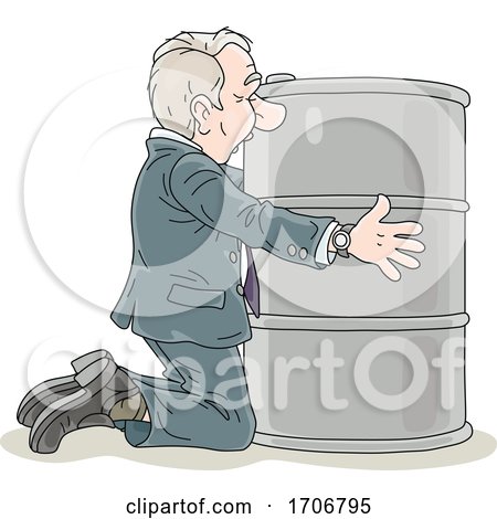 Cartoon Business Man Hugging an Oil Barrel by Alex Bannykh