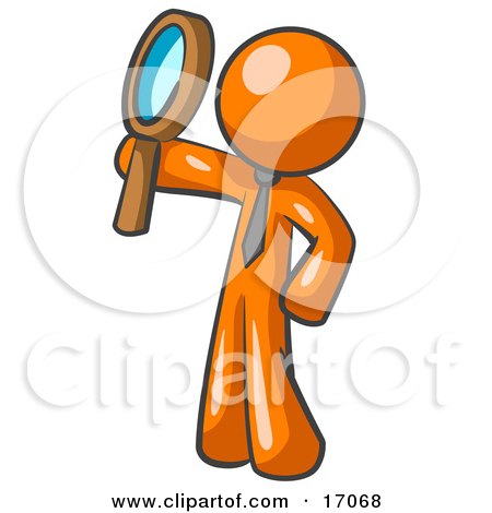 Orange Man Holding Up A Magnifying Glass And Peering Through It While Investigating Or Researching Something Clipart Illustration by Leo Blanchette