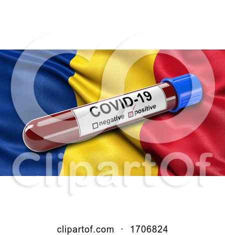 Flag of Romania Waving in the Wind with a Positive Covid 19 Blood Test Tube  by stockillustrations