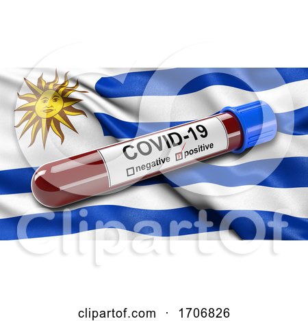 Flag of Uruguay Waving in the Wind with a Positive Covid 19 Blood Test Tube  by stockillustrations