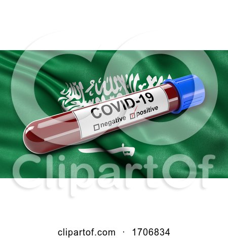 Flag of Saudi Arabia Waving in the Wind with a Positive Covid 19 Blood Test Tube  by stockillustrations