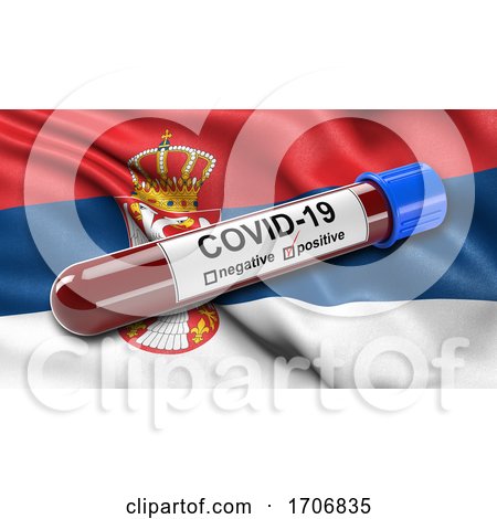 Flag of Serbia Waving in the Wind with a Positive Covid 19 Blood Test Tube  by stockillustrations