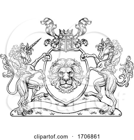 Crest Horse Unicorn Coat of Arms Lion Shield Seal by AtStockIllustration