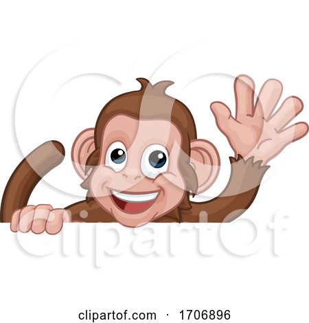 Monkey Cartoon Animal Behind Sign Waving by AtStockIllustration