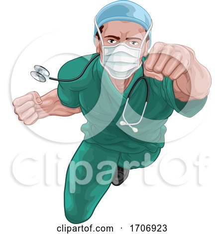 Superhero Nurse Doctor in Scrubs Flying Super Hero by AtStockIllustration
