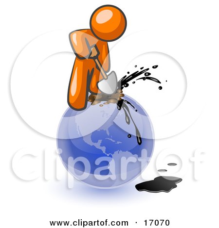 Orange Man Using A Shovel To Drill Oil Out Of Planet Earth Clipart Illustration by Leo Blanchette