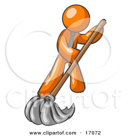 Orange Man Wearing A Tie, Using A Mop While Mopping A Hard Floor To Clean Up A Mess Or Spill Clipart Illustration by Leo Blanchette