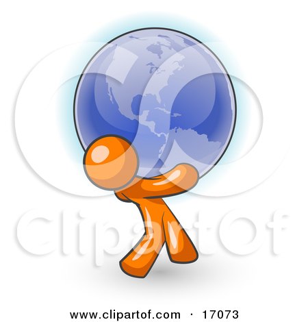 Orange Man Carrying The Blue Planet Earth On His Shoulders, Symbolizing Ecology And Going Green Clipart Illustration by Leo Blanchette