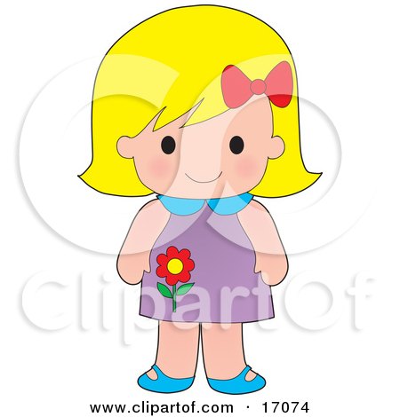 Cute Blond Caucasian Girl Wearing A Purple Floral Dress Clipart Illustration by Maria Bell