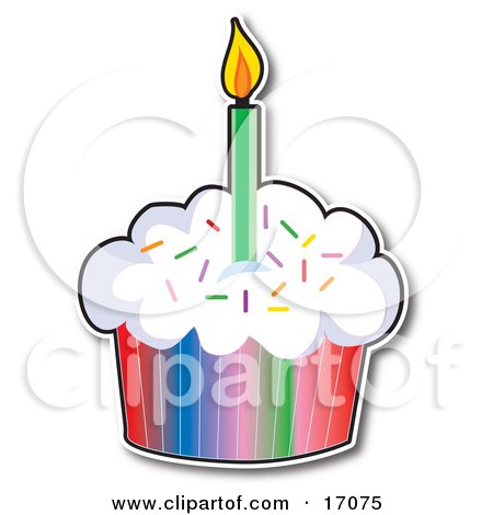 Birthday Cupcake With A Colorful Wrapper And Sprinkles, Topped With A Lit Candle Clipart Illustration by Maria Bell