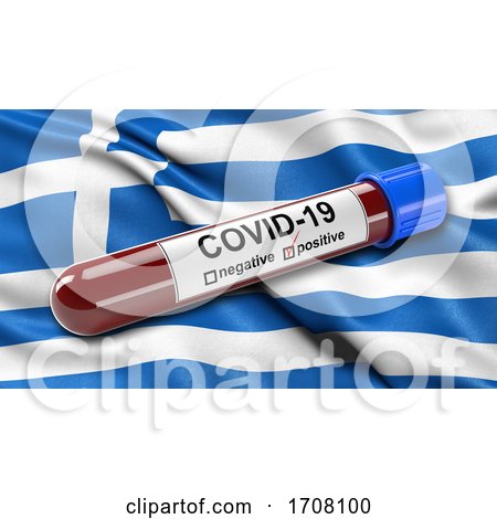 Flag of Greece Waving in the Wind with a Positive Covid19 Blood Test Tube by stockillustrations