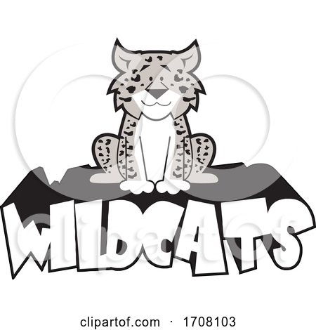 Cartoon Grayscale Leopard School Sports Mascot Sitting on Wildcats Text by Johnny Sajem