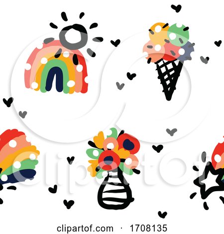Bold and Playful Background Pattern of Rainbows Suns Ice Cream Shooting Stars and Hearts by elena