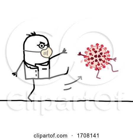 Stick Male Doctor Wearing a Mask and Kicking a Coronavirus by NL shop